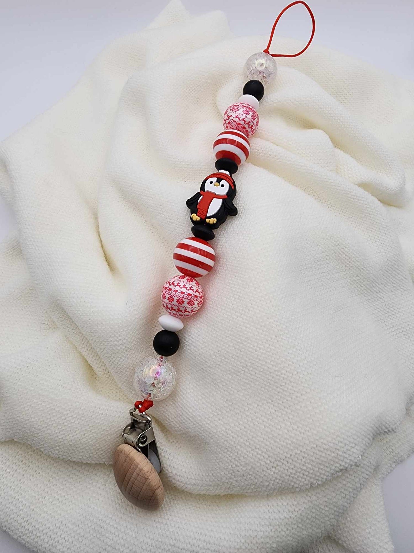 Red Penguin Pacifier Clip